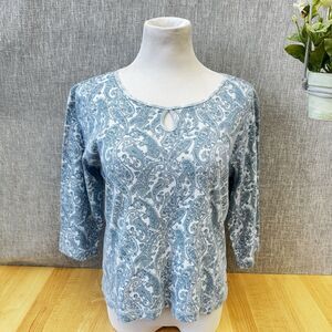 Liz Claiborne Lizwear Jeans Paisley Keyhole Top Blue White 3/4 Sleeve L Cotton